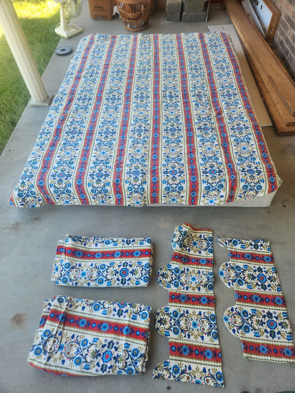 Vintage 1970-1980 Floral Stripe Bedspread With Curtains- Blue, Red, Cream, Green